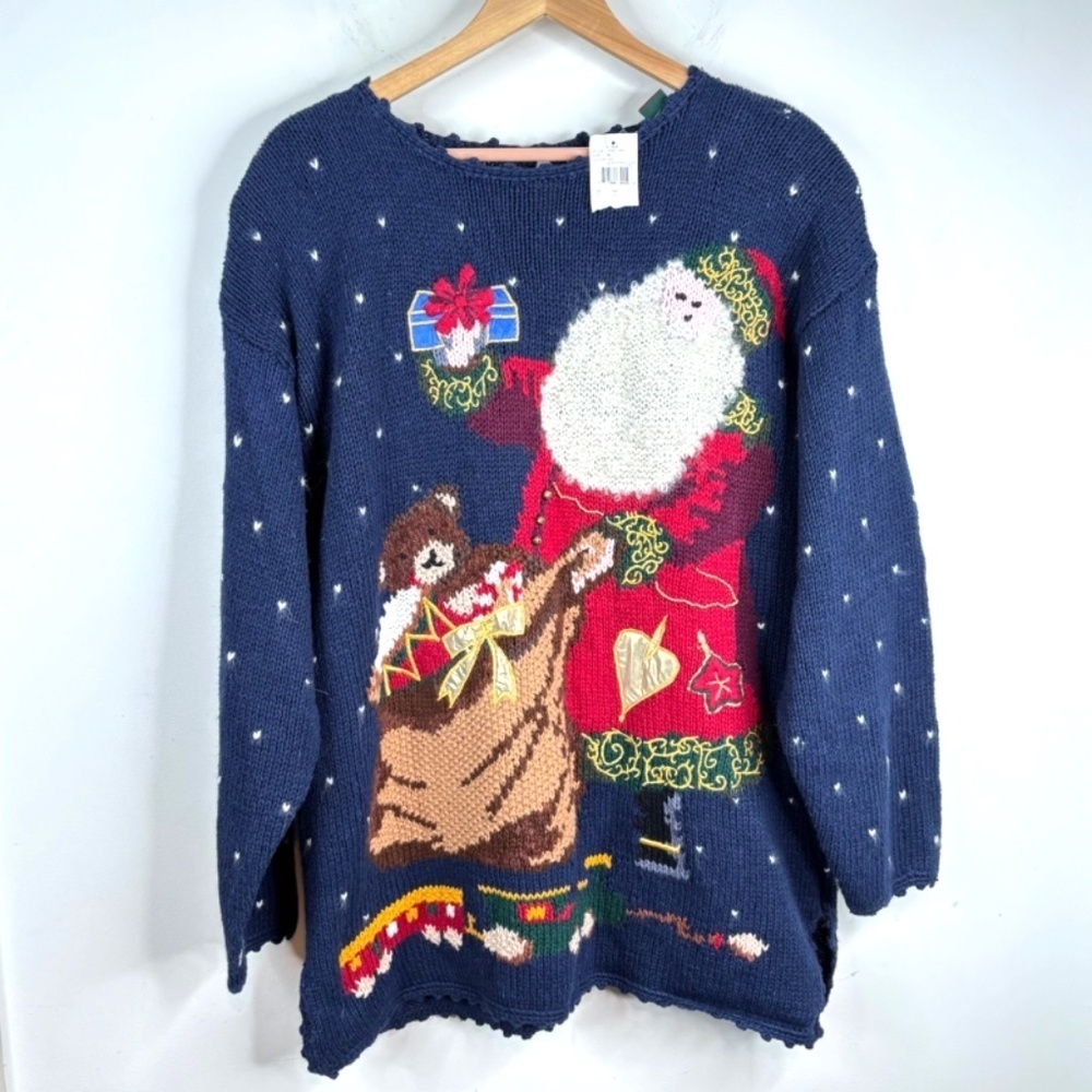 NWT VTG 90s Croft & Barrow Hand Knit Christmas Sweater XL Santa Bear Deadstock
